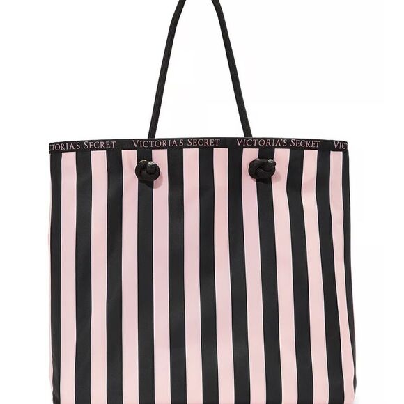 NWT VICTORIA’S secret REVERSIBLE TOTE ICONIC STRIPE FLORAL BLACK PINK - Picture 3 of 4